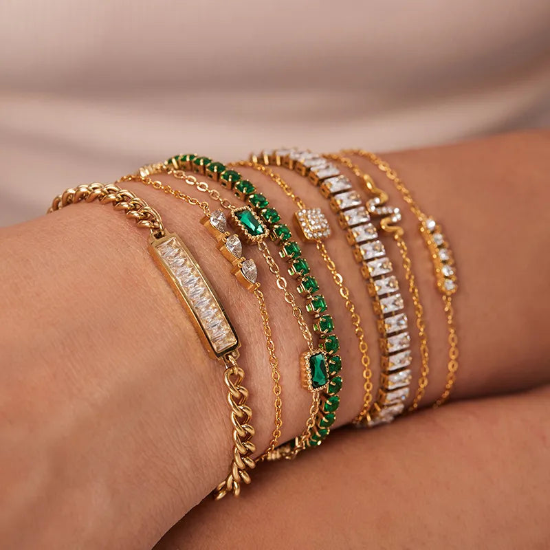 Waterproof Gold Station Chain Green CZ Bracelet