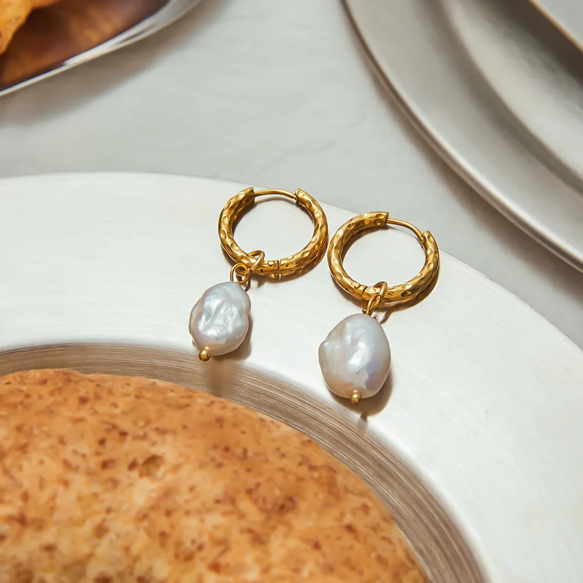 Waterproof Baroque Pearl Hammered Hoops Earrings