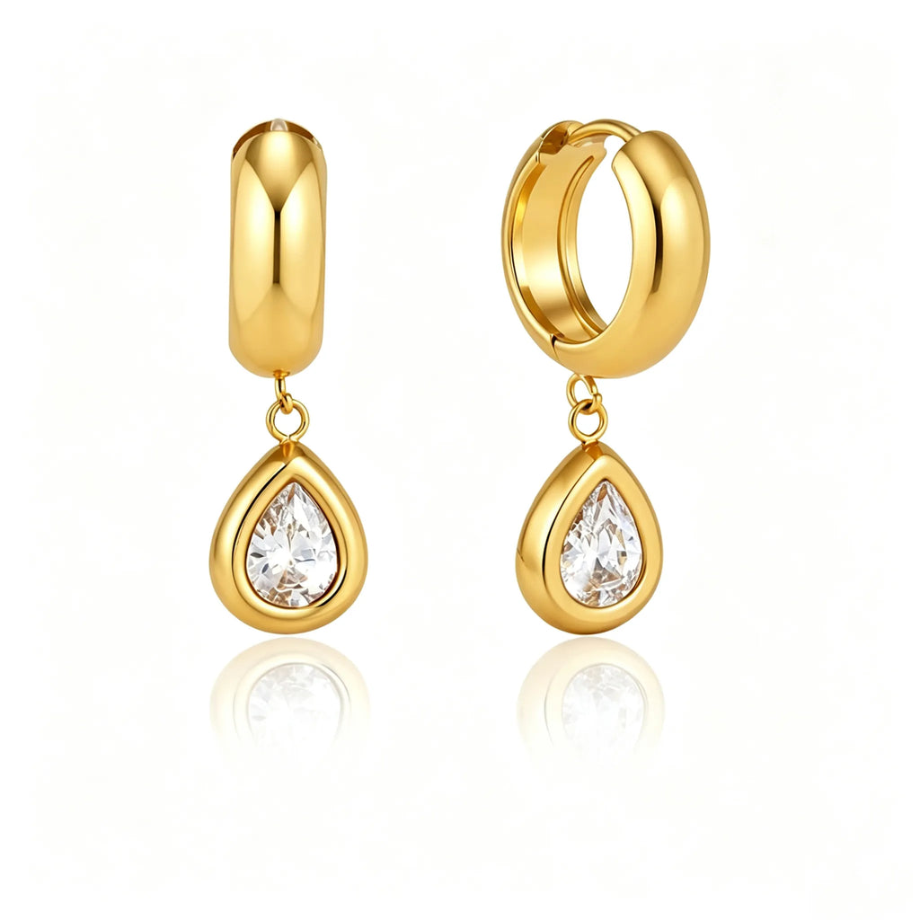 CZ Drop Huggie Earrings – Heart, Pear & Cushion | Waterproof 18K Gold