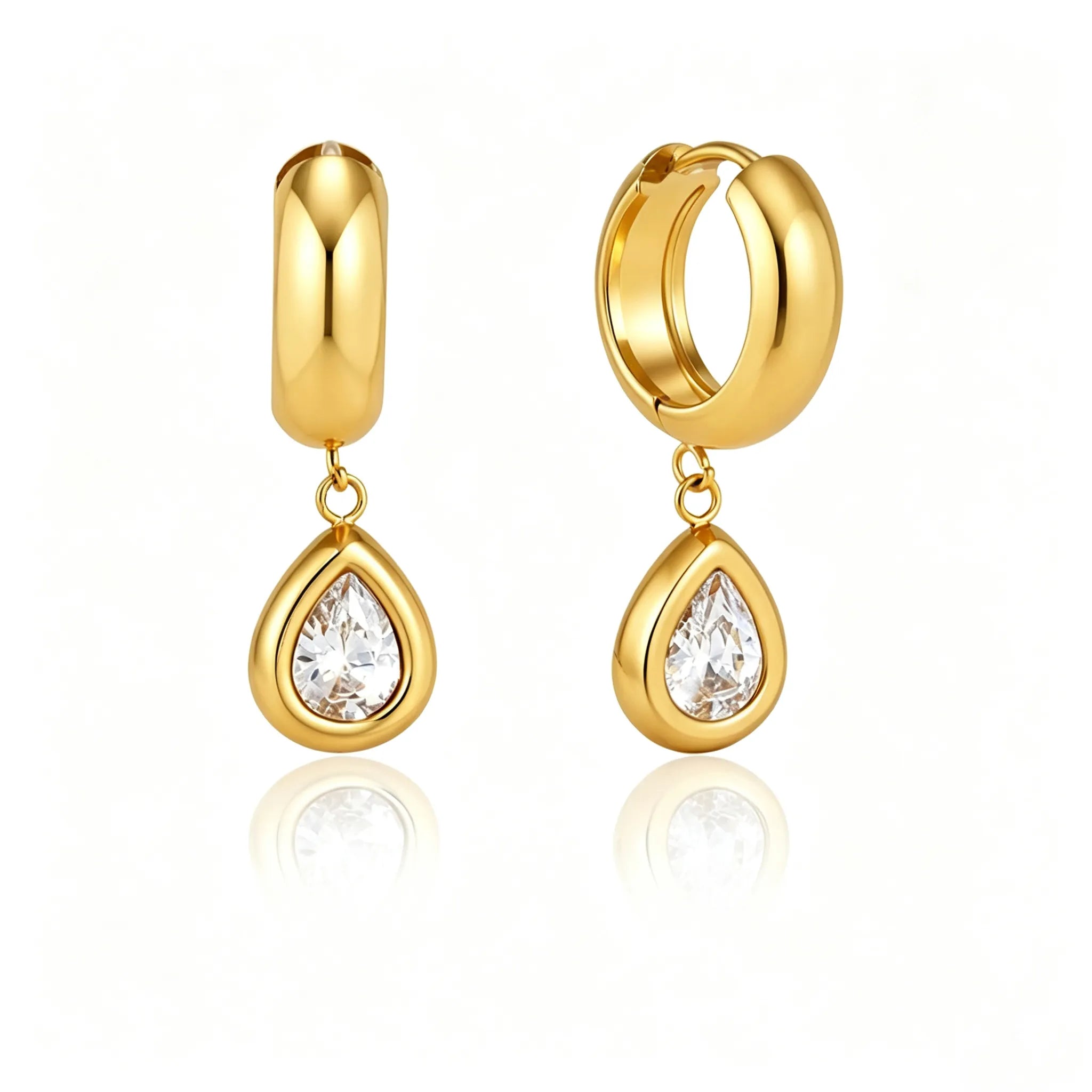 CZ Drop Huggie Earrings – Heart, Pear & Cushion | Waterproof 18K Gold