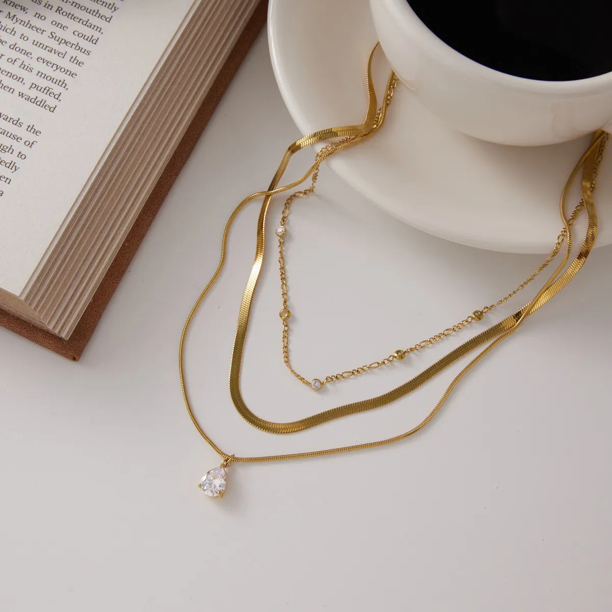Waterproof Gold Herringbone & CZ Drop Layered Necklace
