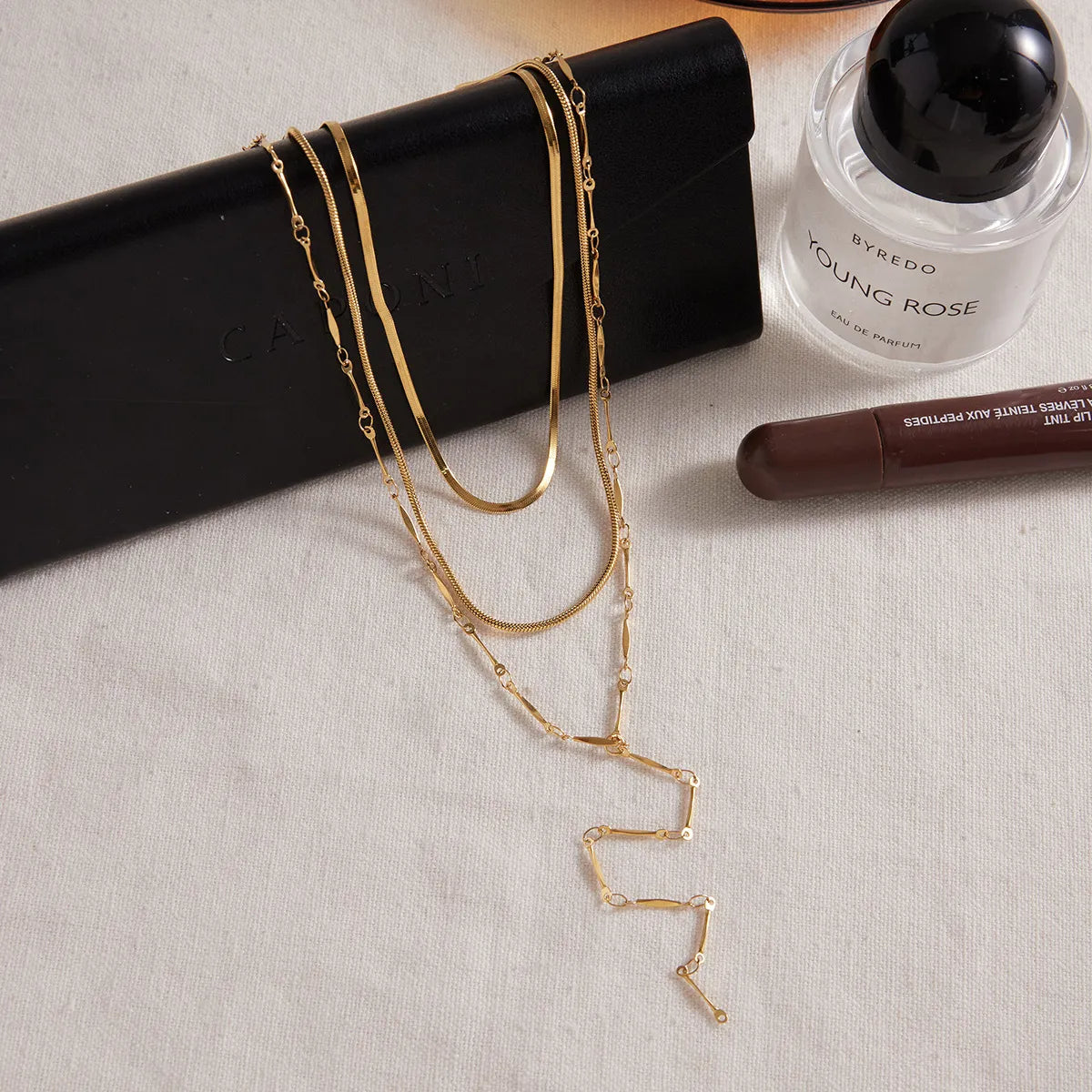 Waterproof Gold Herringbone & Y-Lariat Necklace