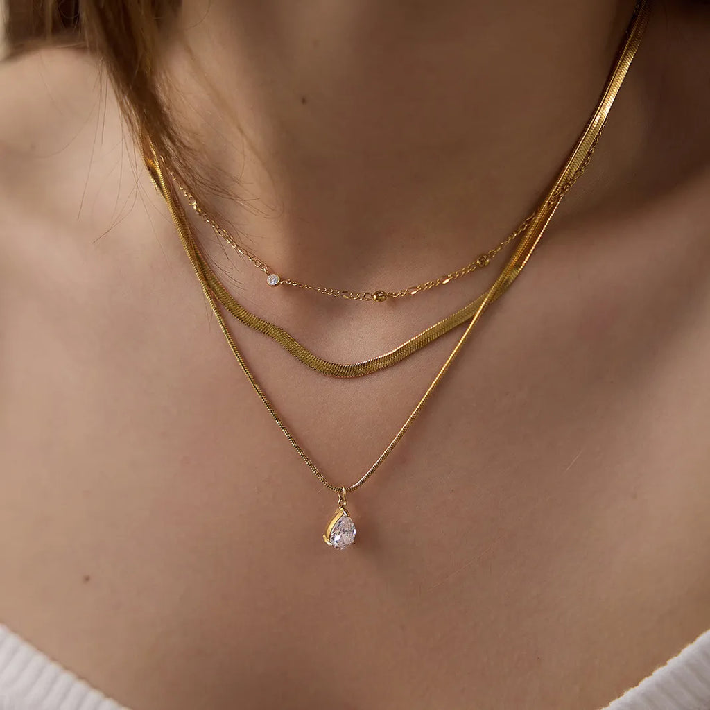 Waterproof Gold Herringbone & CZ Drop Layered Necklace