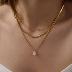 Waterproof Gold Herringbone & CZ Drop Layered Necklace