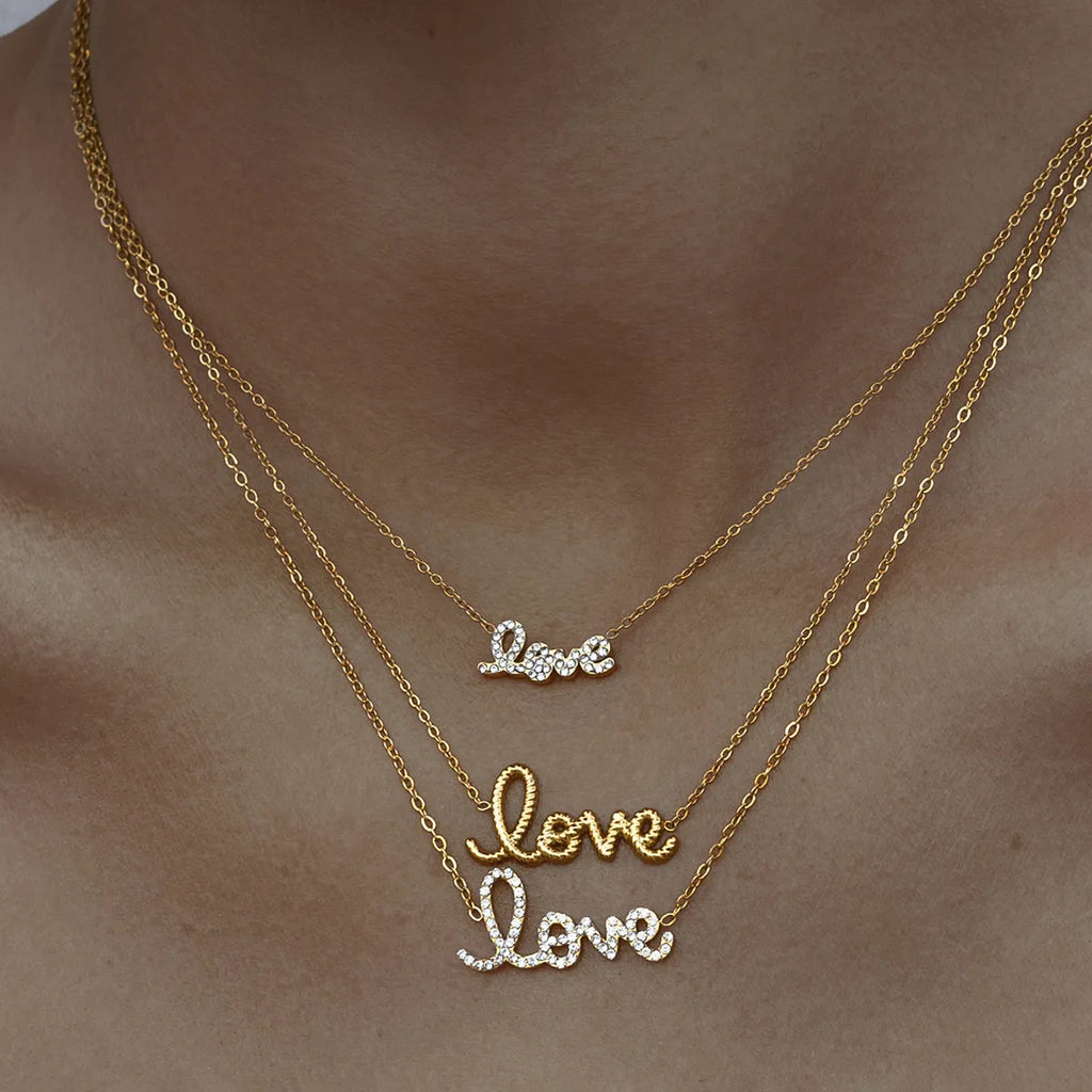 Waterproof CZ Script Love Pendant Necklace