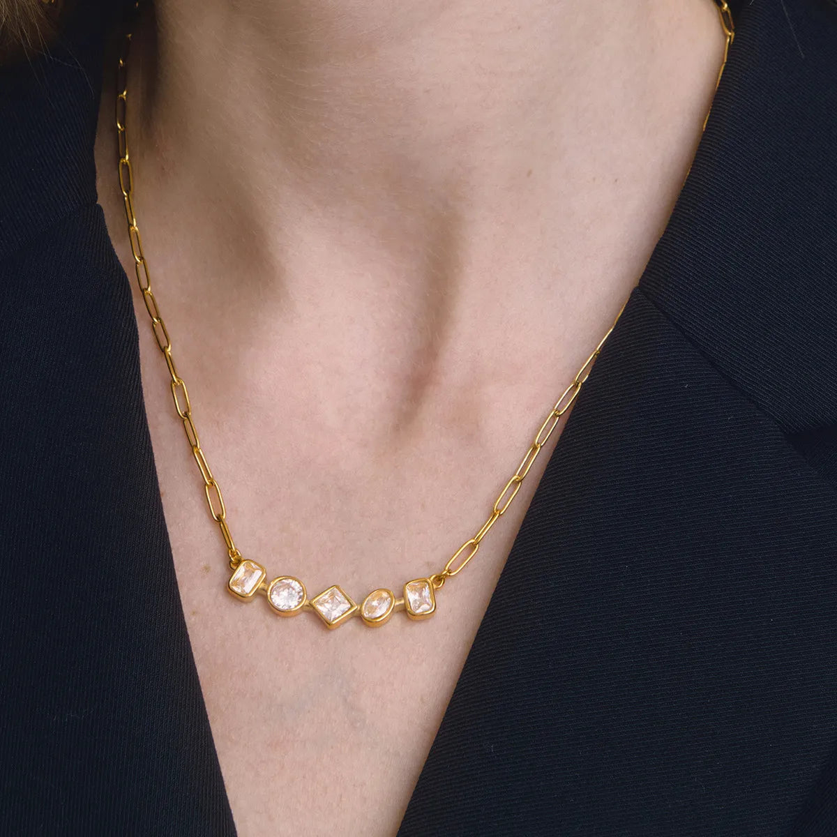 Waterproof Multi-Shape CZ Paperclip Chain Necklace