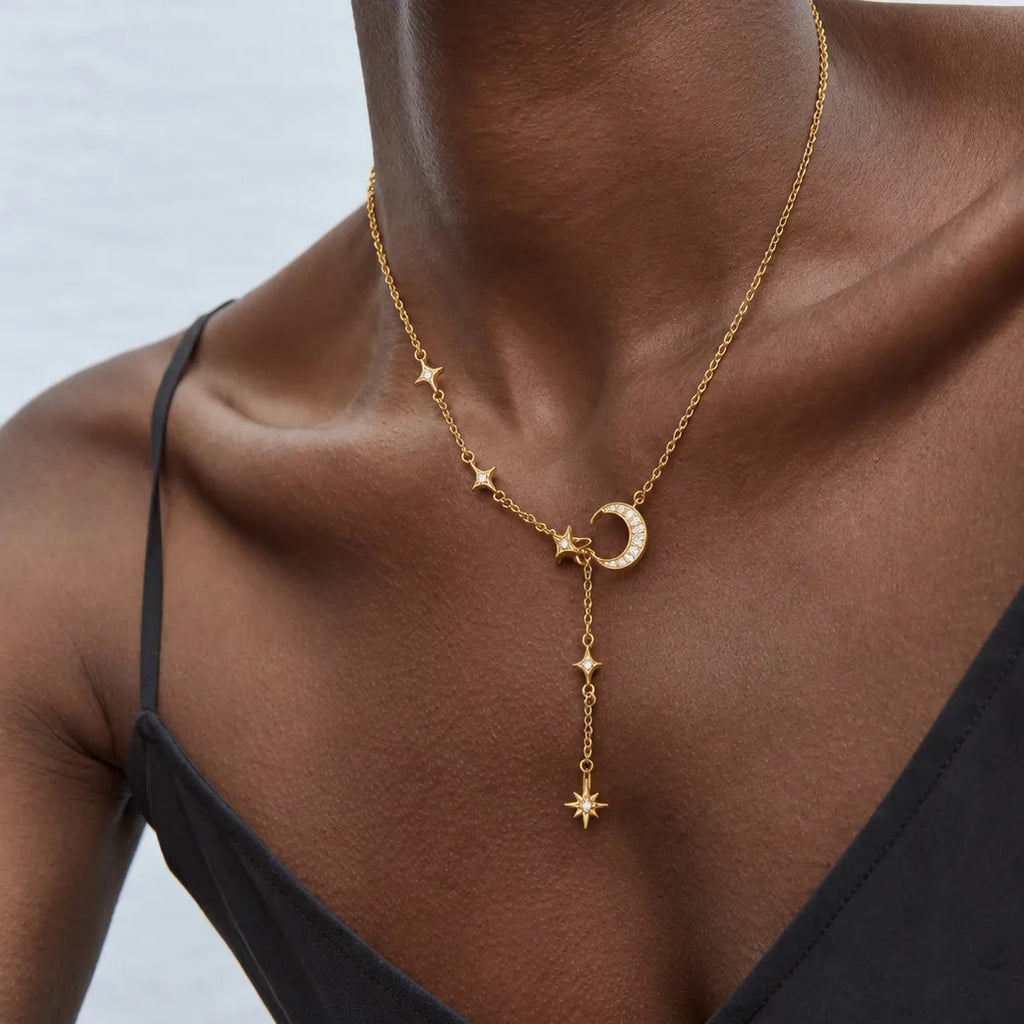 Waterproof Moon & Star Lariat Y-Necklace