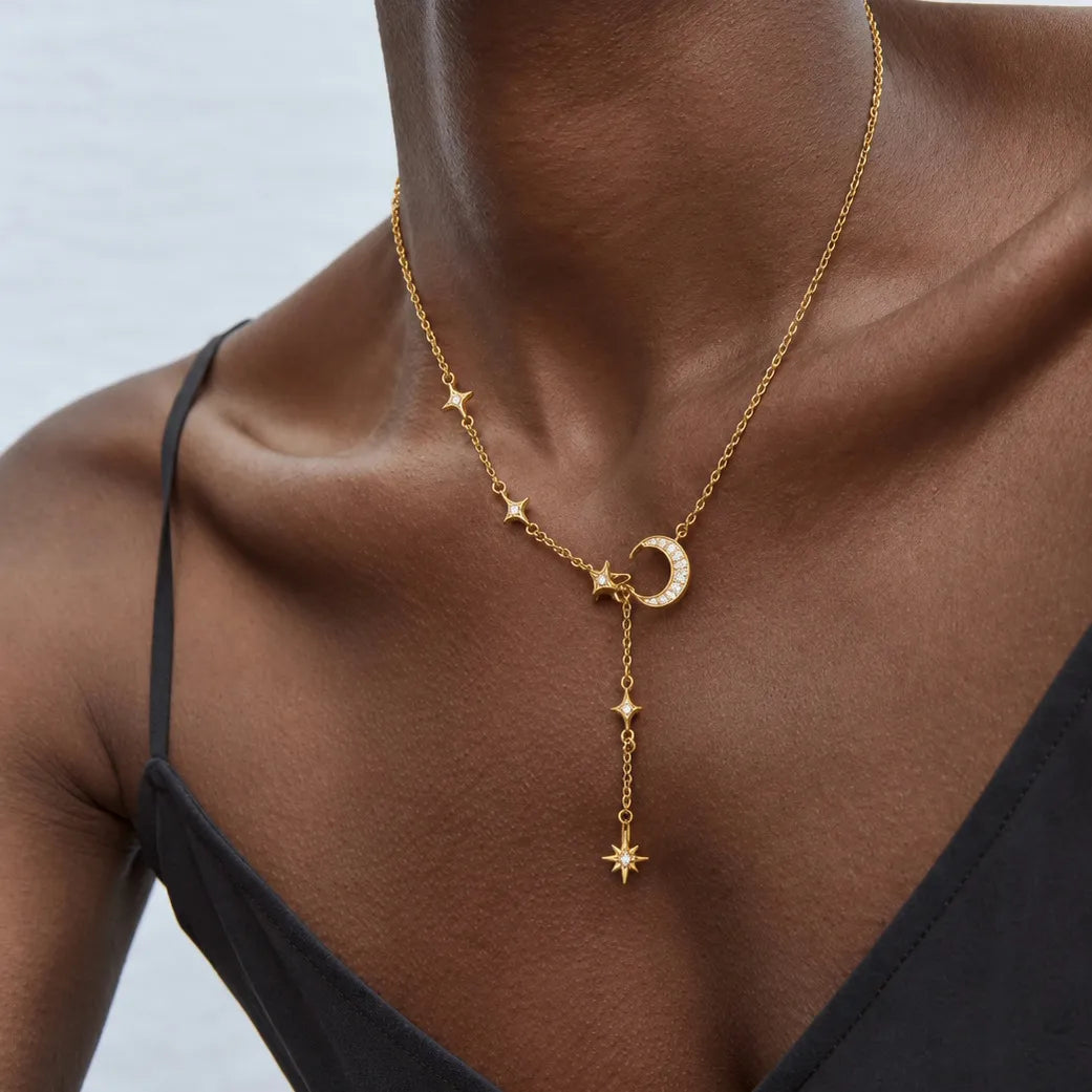 Waterproof Moon & Star Lariat Y-Necklace