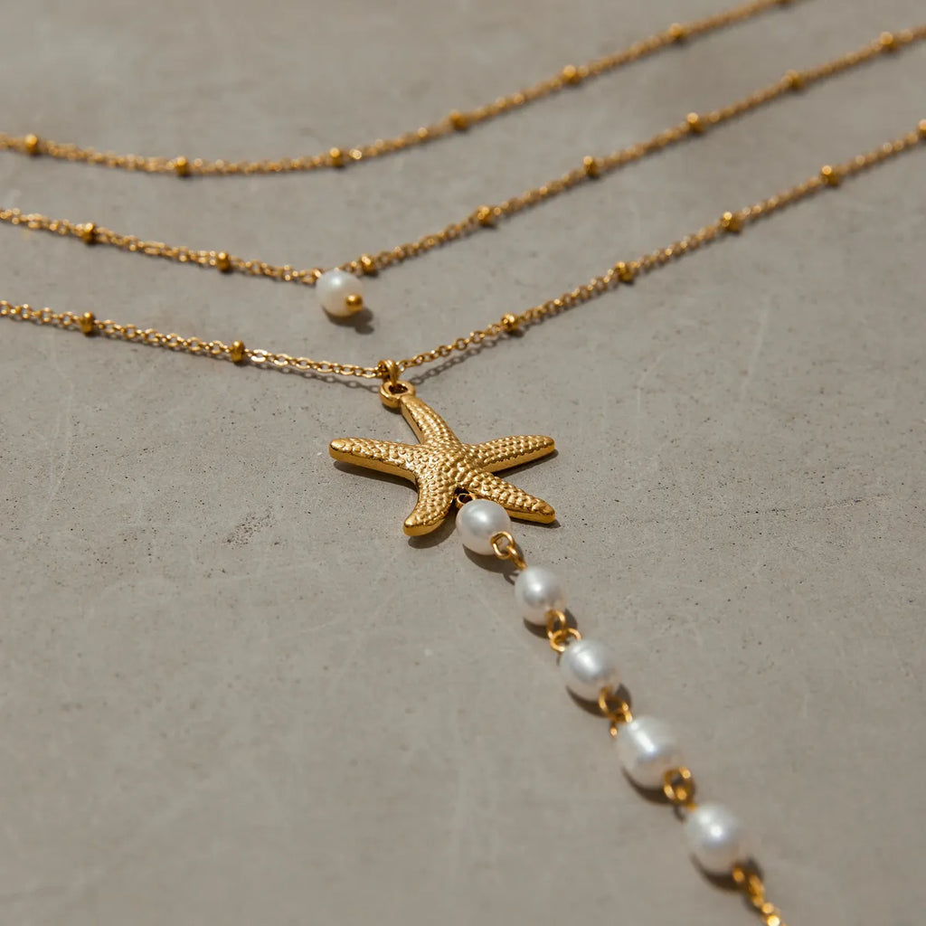 Waterproof Baroque Pearl Starfish Layered Necklace