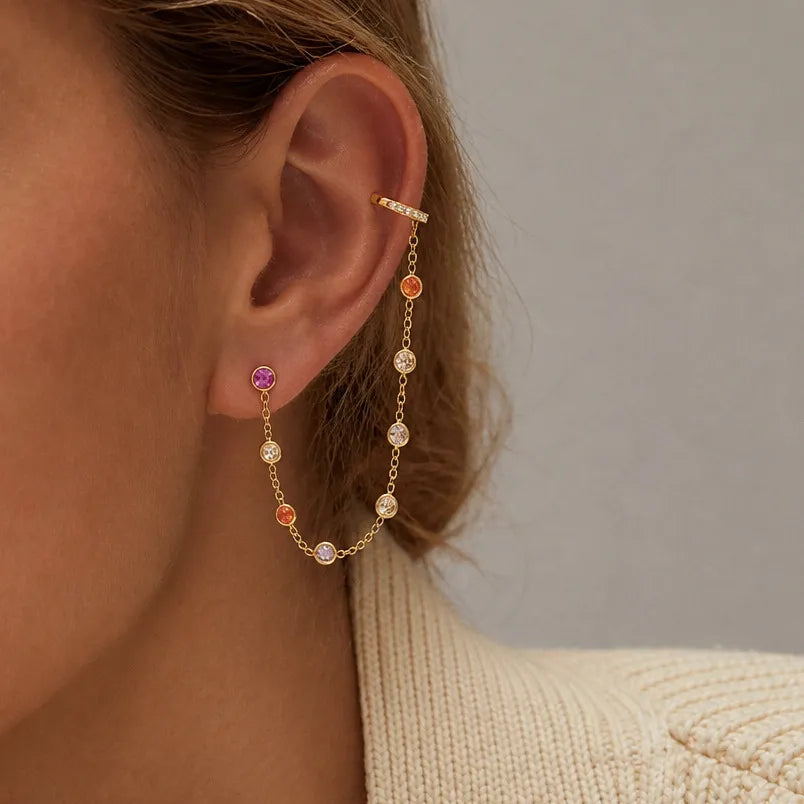 Waterproof Chain CZ Dangle Stud Ear Cuffs