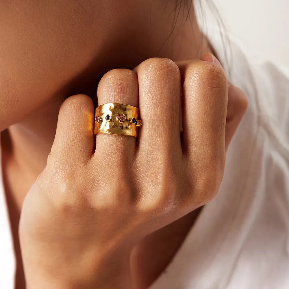 Waterproof Hammered Wide Band Cuff Ring