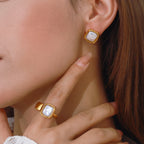 Waterproof Geometric Open Band Square Pearl Ring