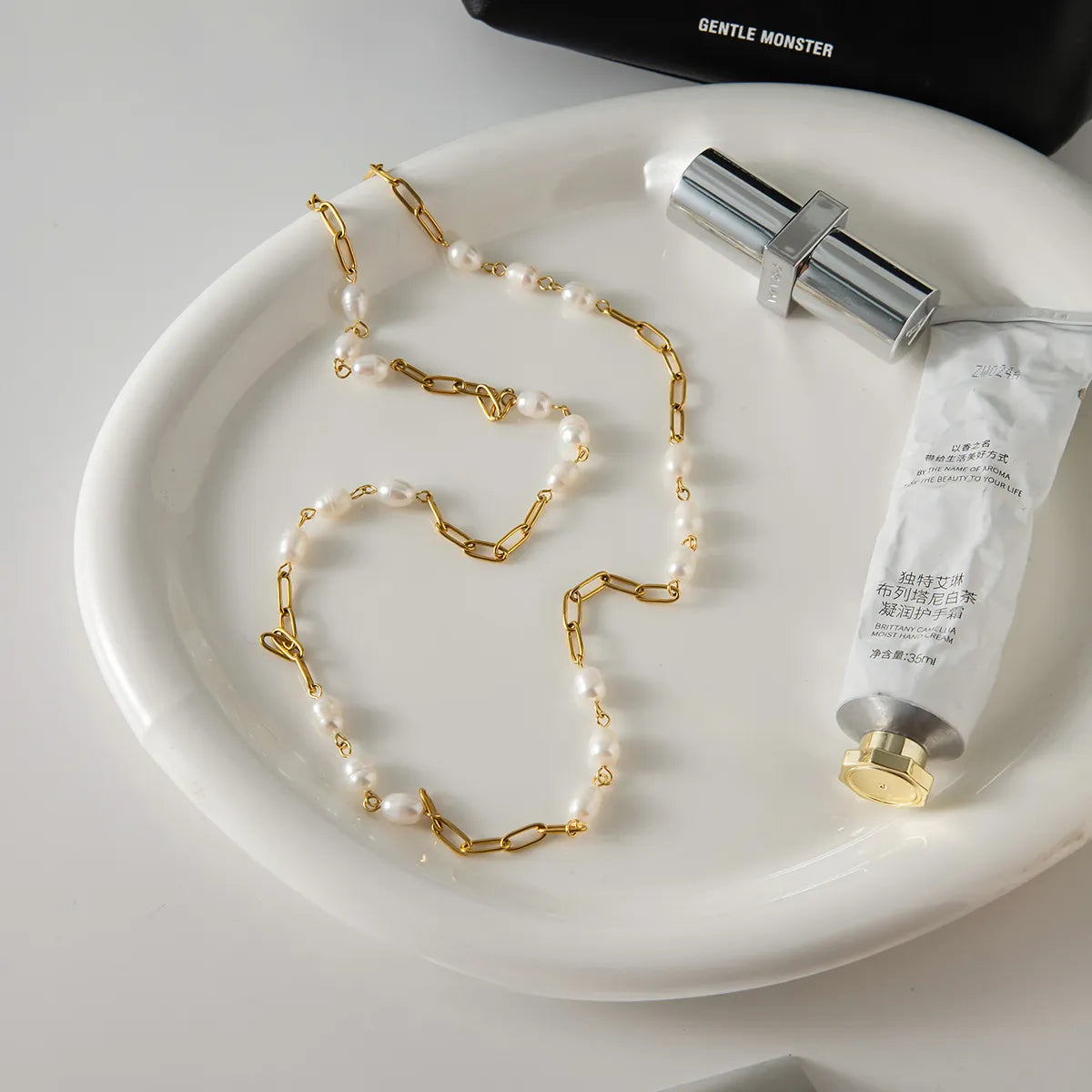 Waterproof Gold Paperclip Chain Pearl Necklace