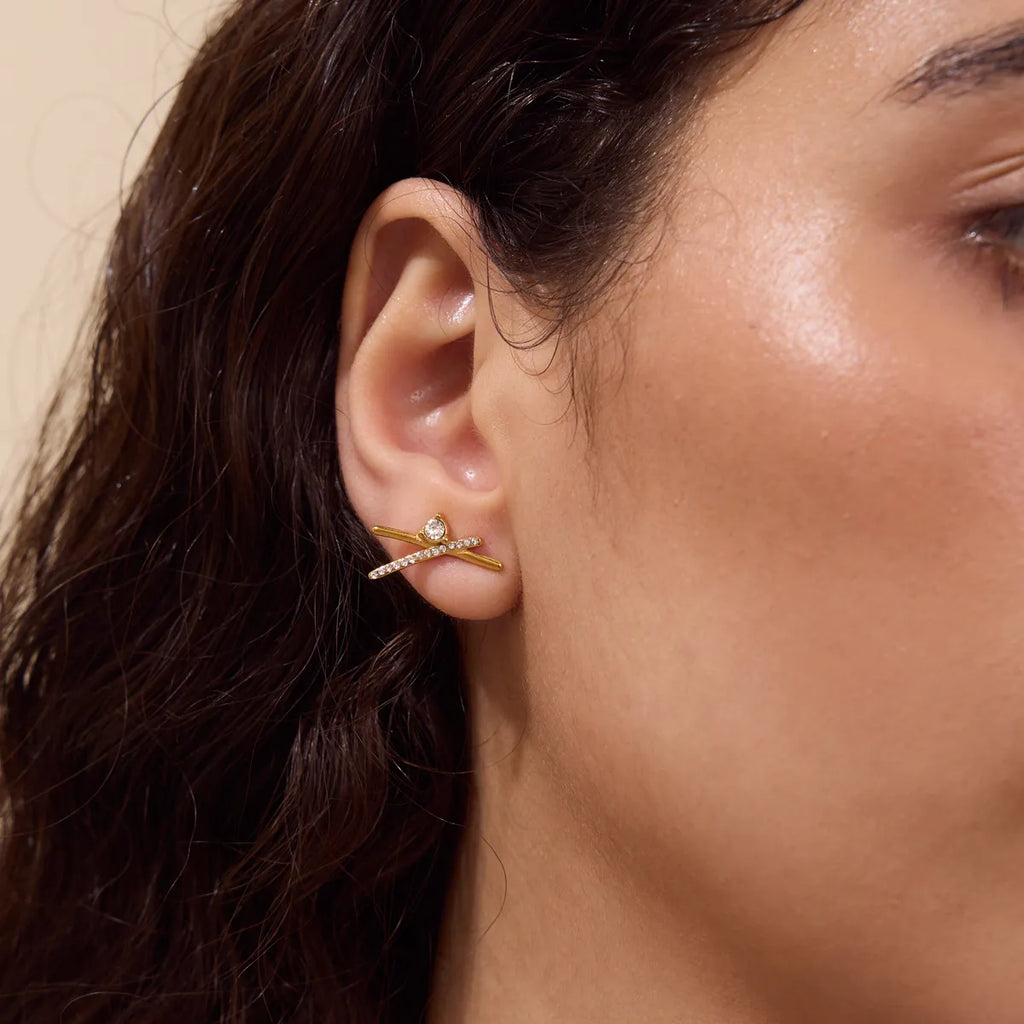 X-Shape CZ Ear Climber Earrings – Waterproof 18K Gold