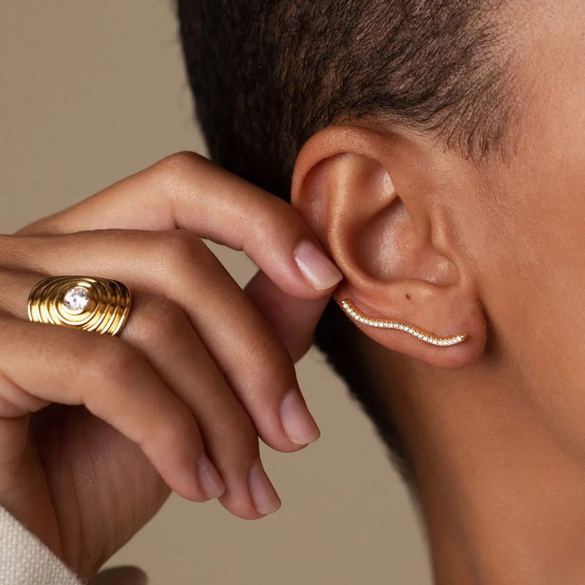 Waterproof Gold Wave Pave CZ Ear Climber Earrings