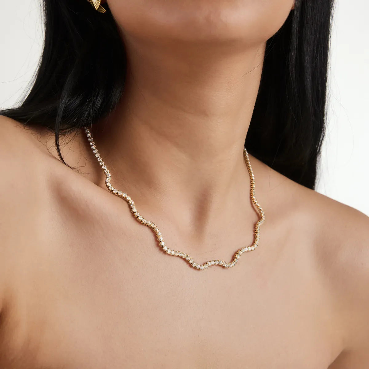 Waterproof Gold CZ Layering Chains Wave Necklace