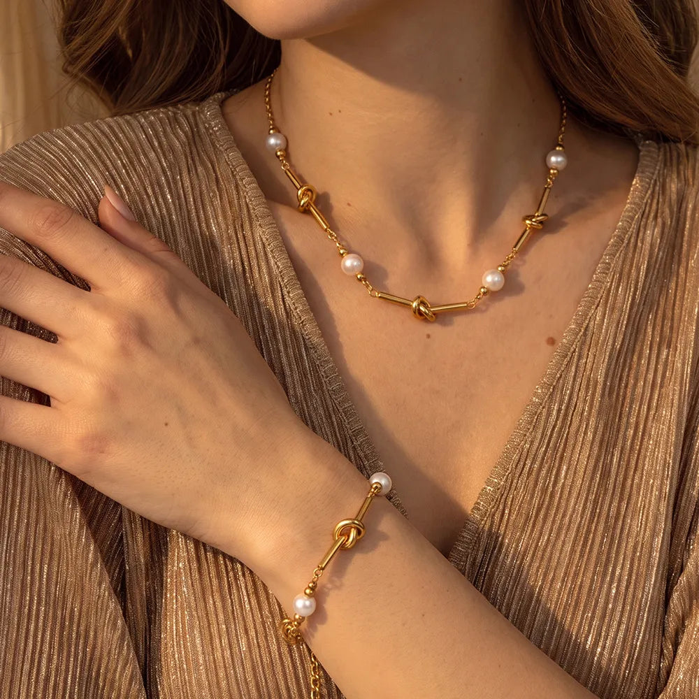 Waterproof Gold Knot & Pearl Jewelry Set