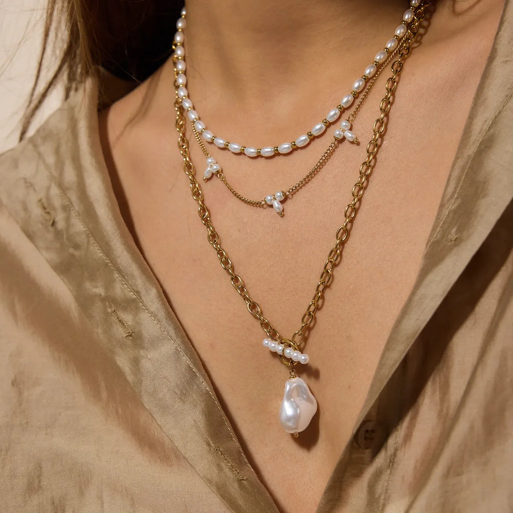 Waterproof Gold Pearl Layering Necklace