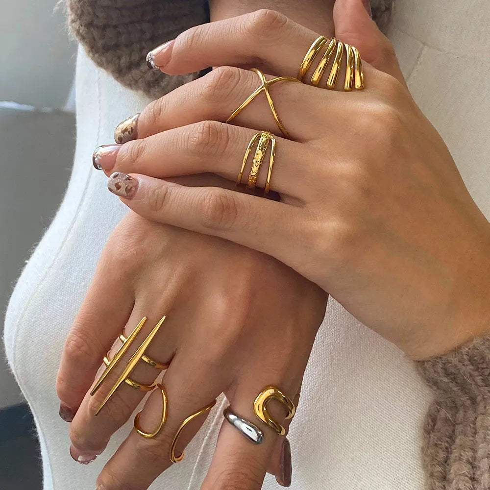 Waterproof Sculptural Geometric Cuff Open Rings