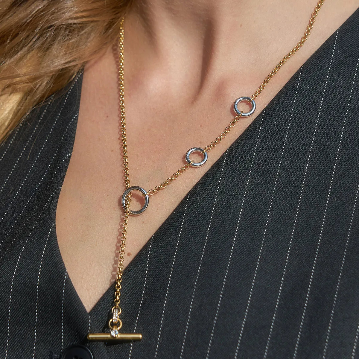 Waterproof Two-Tone T-bar Lariat Necklace