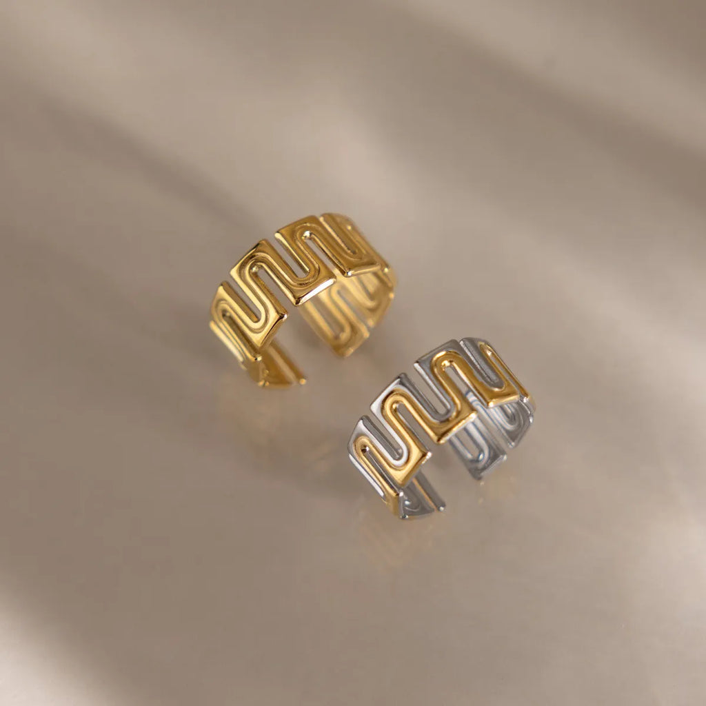 Waterproof Gold Geometric Wave  Open Ring