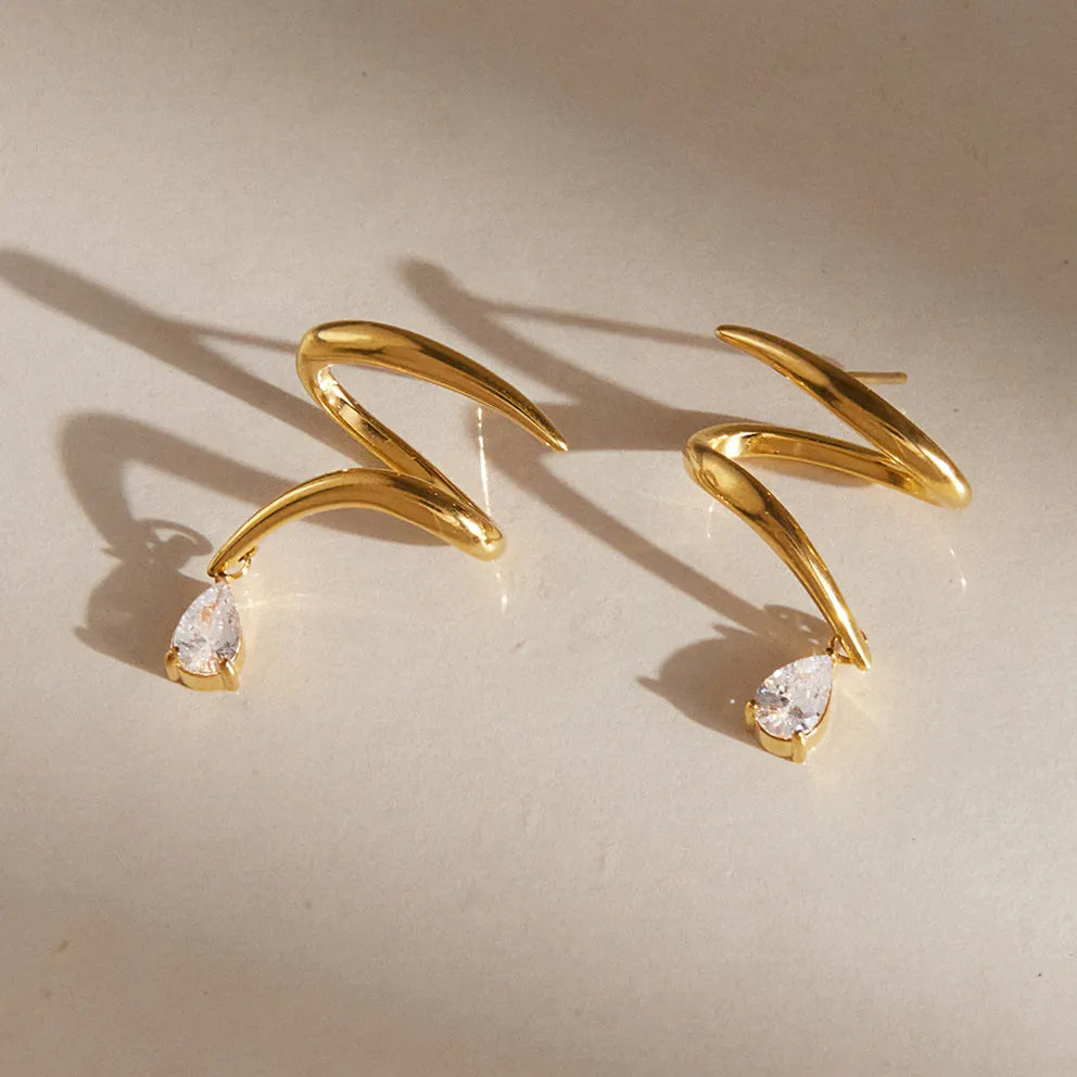 Gold Spiral Claw Drop Earrings – Waterproof Pear Zirconia