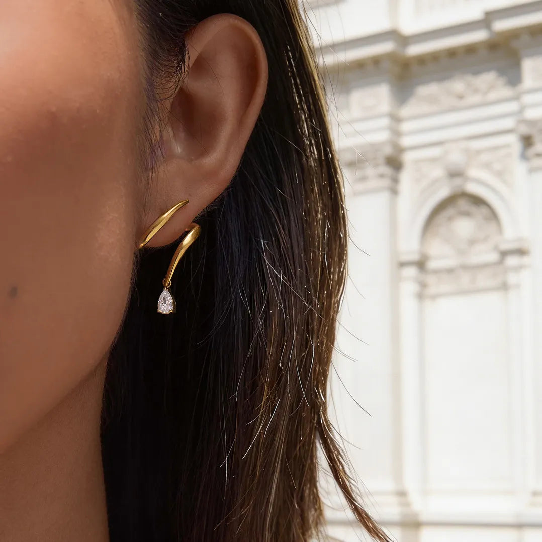 Gold Spiral Claw Drop Earrings – Waterproof Pear Zirconia
