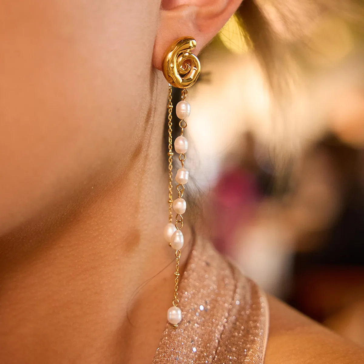 Waterproof Spiral Chain Tassel Pearl Drop Earrings
