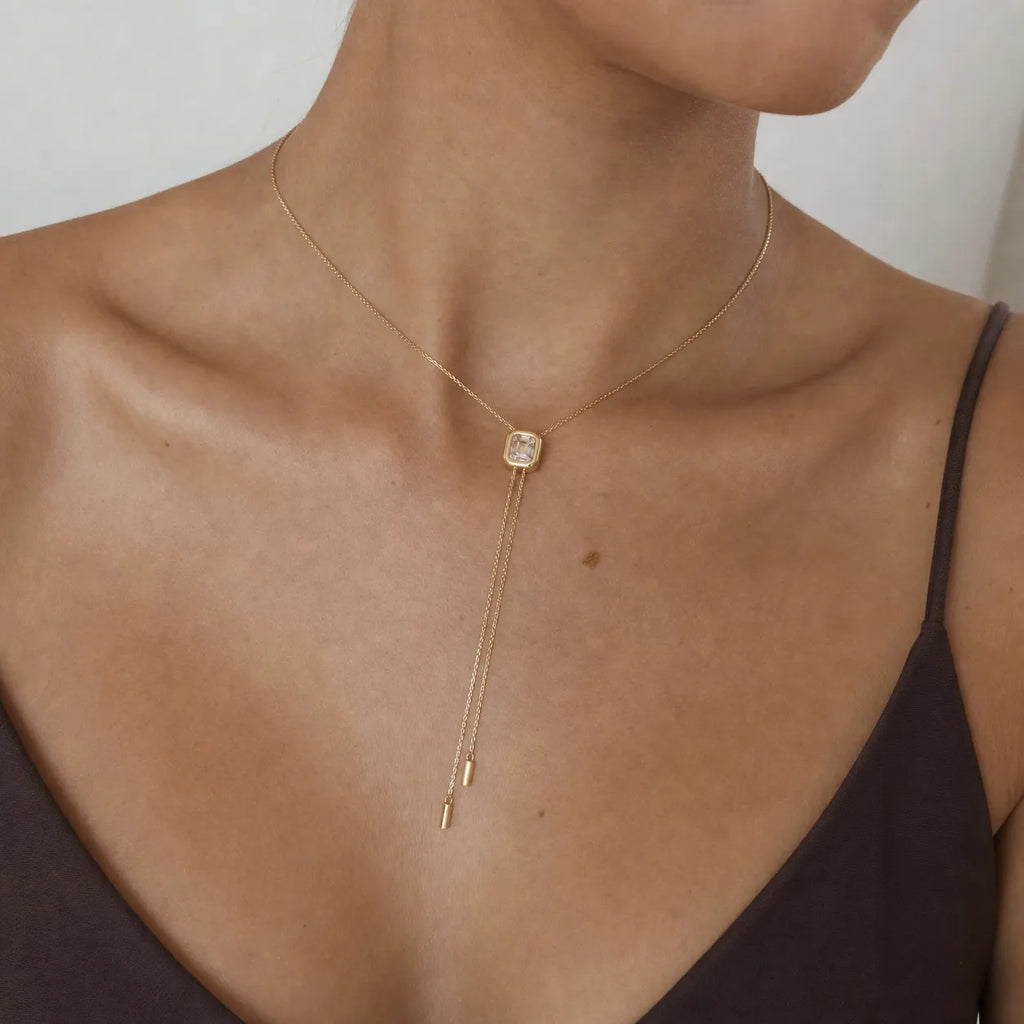 Emerald-Cut CZ Slider Lariat Y-Necklace – Waterproof 18K Gold