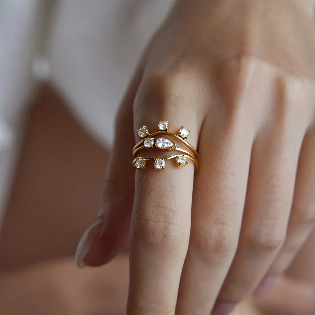 CZ Crown, Pear & Wave Stackable Ring Set – Waterproof 18K Gold