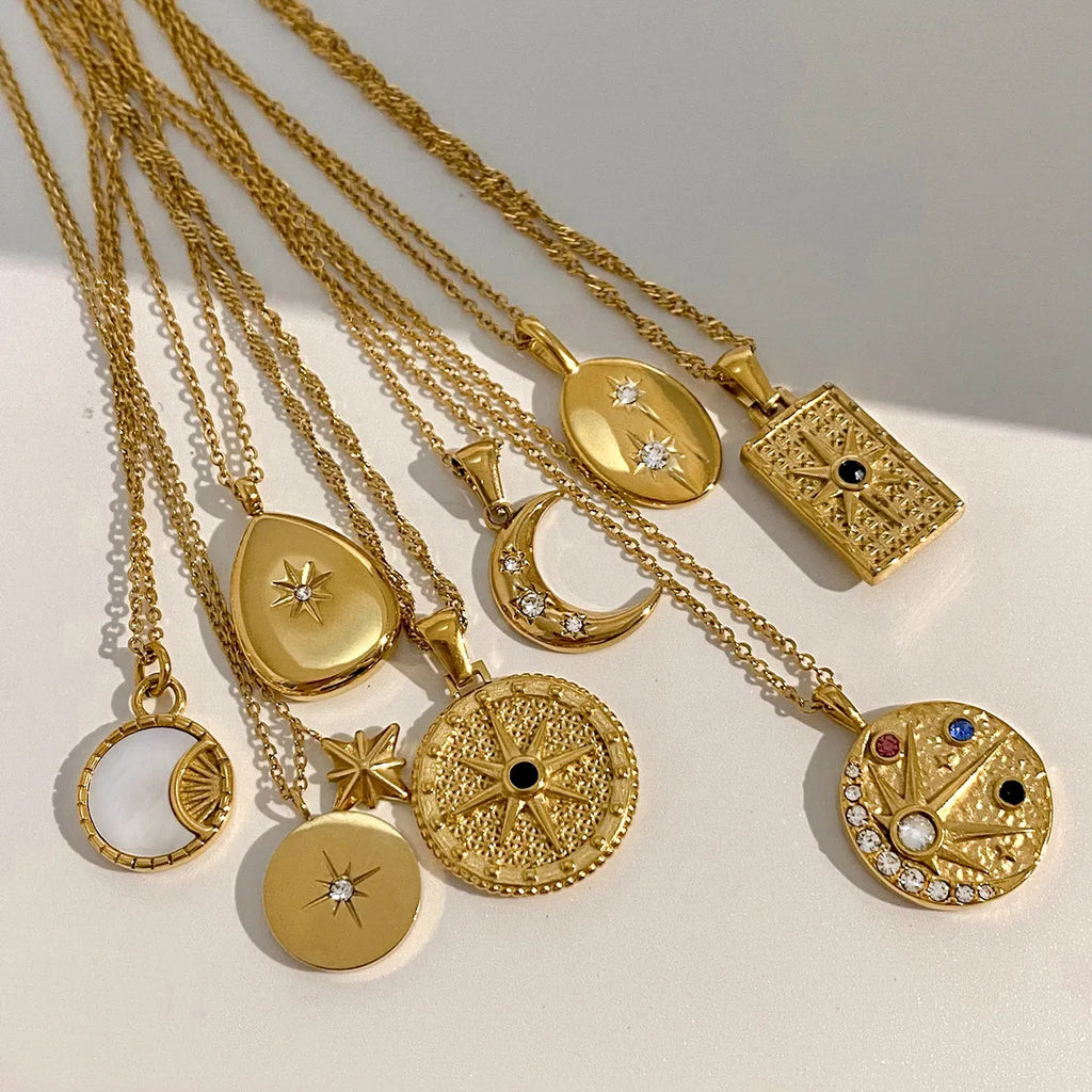 Waterproof Gold CZ Coin Pendant Celestial Necklace