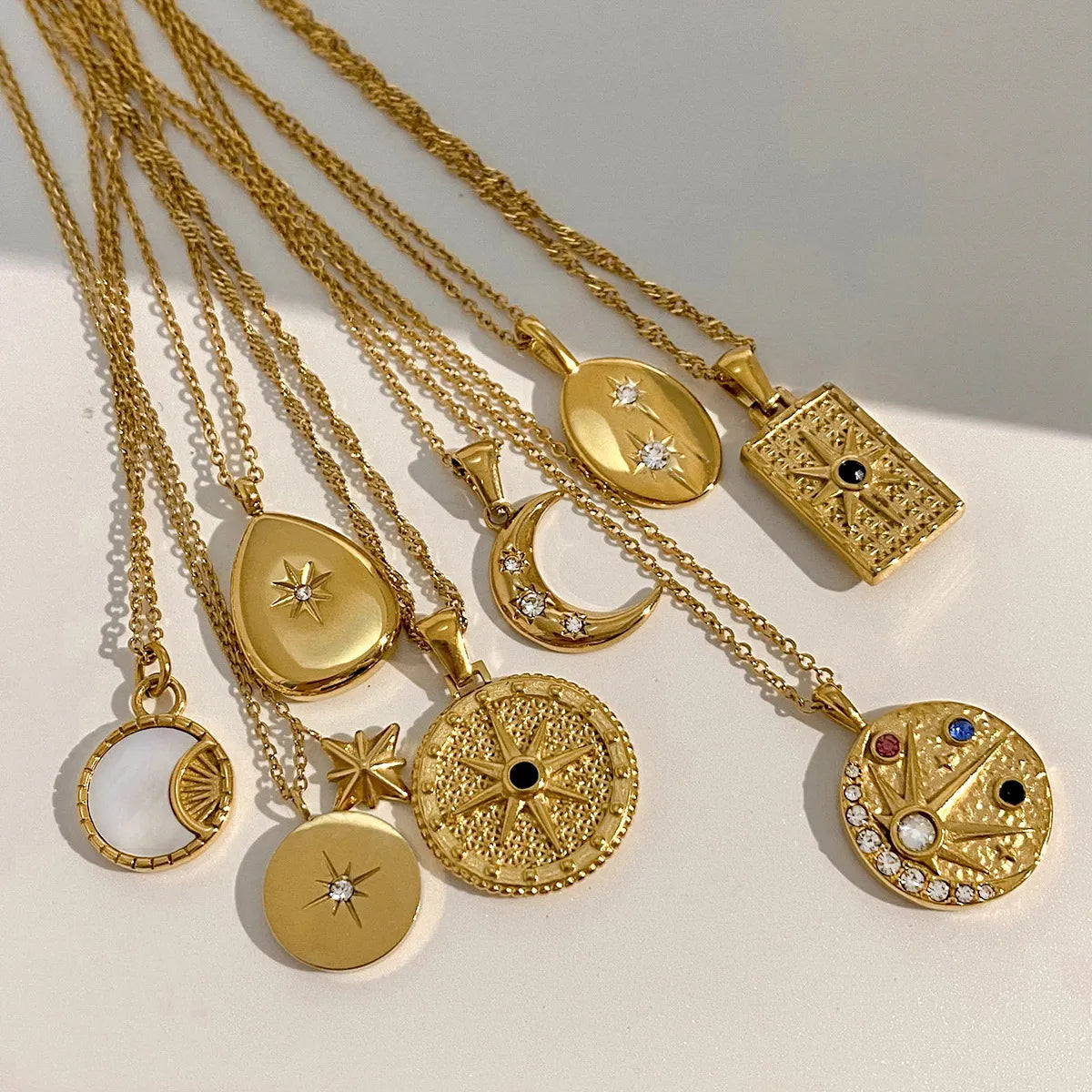 Waterproof Gold CZ Coin Pendant Celestial Necklace