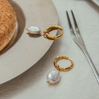 Waterproof Baroque Pearl Hammered Hoops Earrings