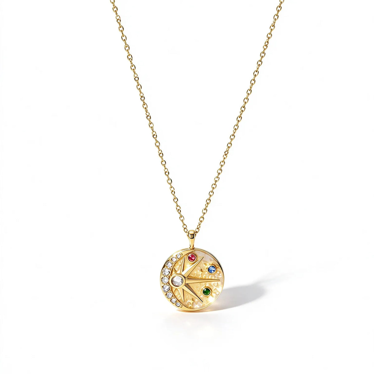 Waterproof Gold CZ Coin Pendant Celestial Necklace