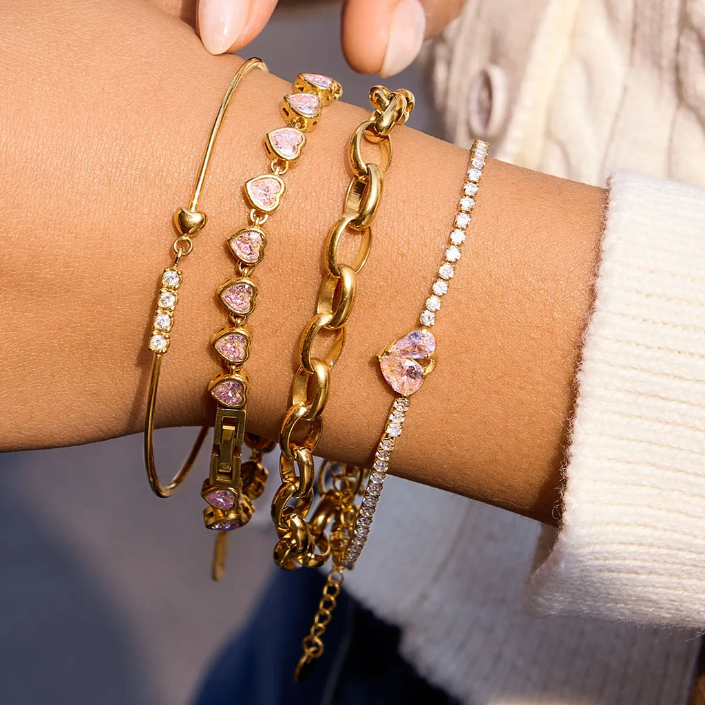 Waterproof Pink CZ Heart Toi et Moi Tennis Bracelet
