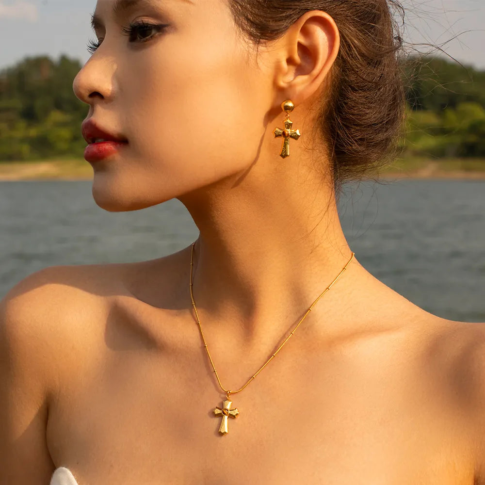 Waterproof Vintage Tiger's Eye Cross Necklace