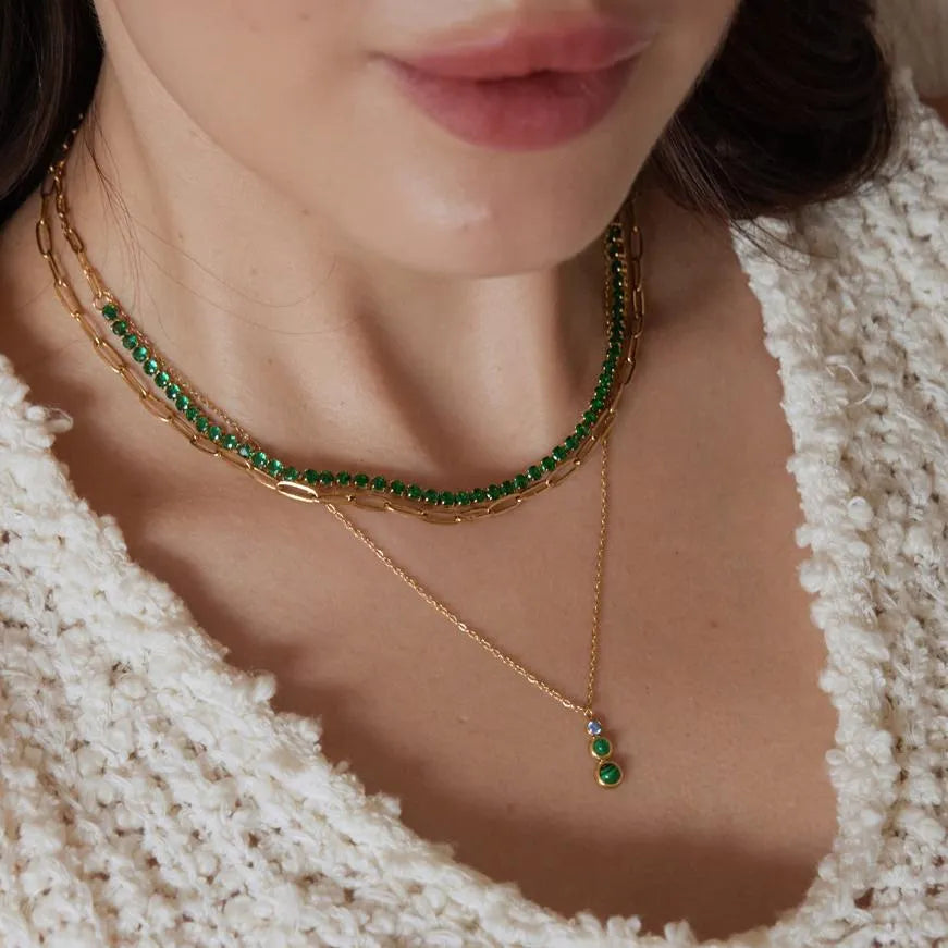 Waterproof Trio Stone Pendant & Cable Chain Necklace