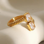 Waterproof Gold Ribbed Open Band Dual CZ Ring