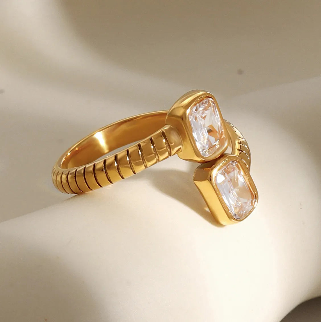 Waterproof Gold Ribbed Open Band Dual CZ Ring
