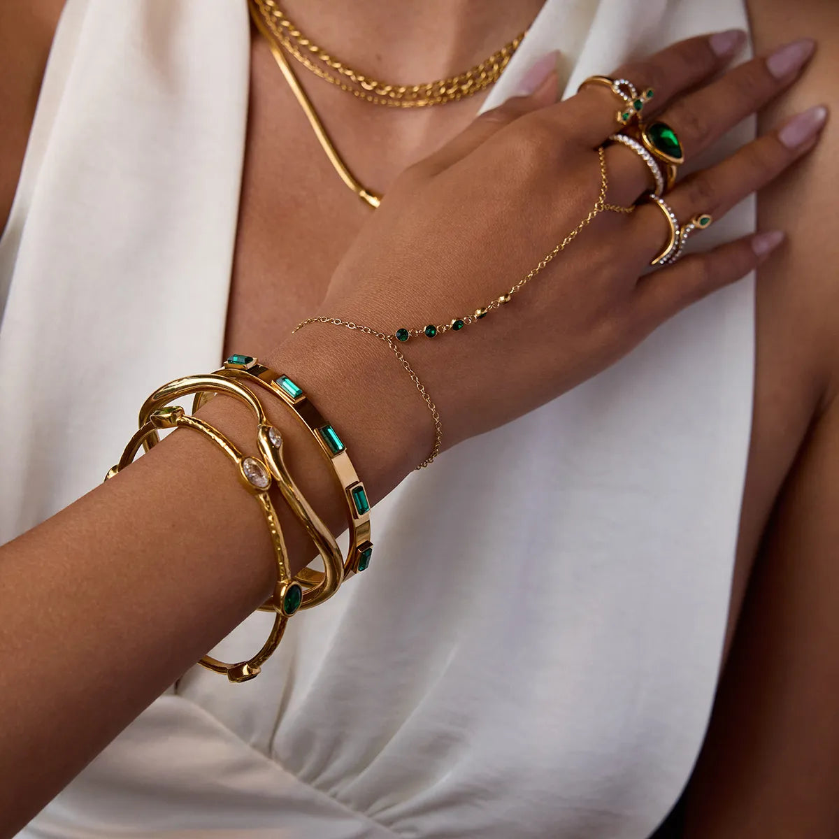 Waterproof Green Zircon Hand Chain Bracelet