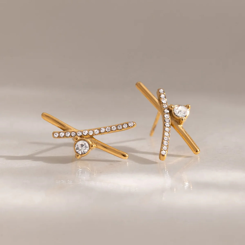X-Shape CZ Ear Climber Earrings – Waterproof 18K Gold