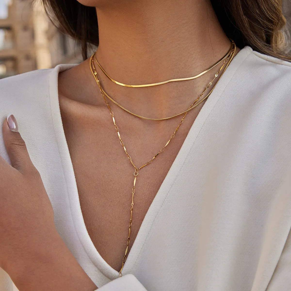 Waterproof Gold Herringbone & Y-Lariat Necklace