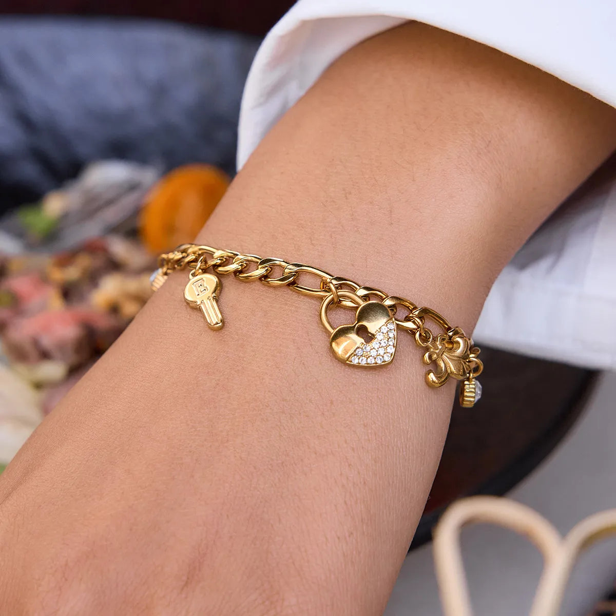 Waterproof Heart Padlock & Key Cuban Link Charm Bracelet
