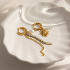 Asymmetric Pearl Sunburst Drop Earrings | Waterproof 18K Gold