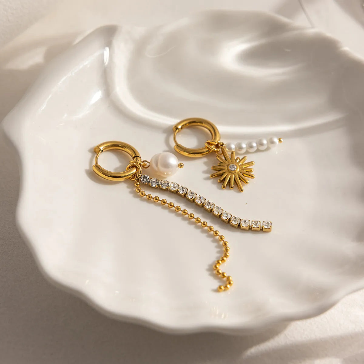 Asymmetric Pearl Sunburst Drop Earrings – Waterproof Steel