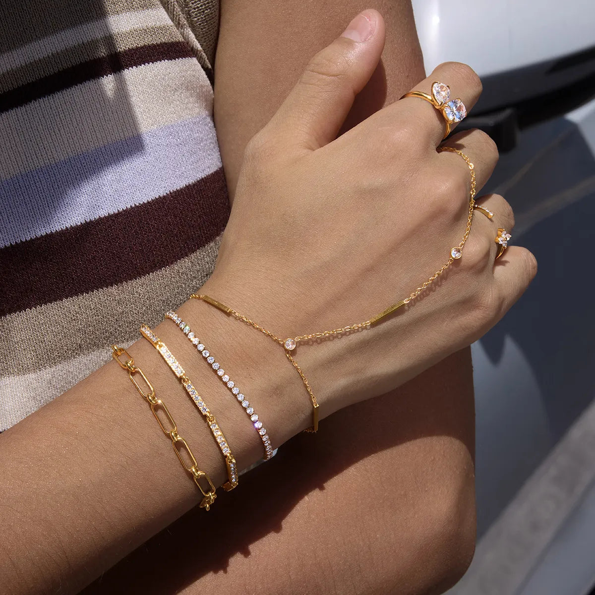Bar & CZ Geometric Hand Chain Bracelet with Ring – Waterproof 18K Gold