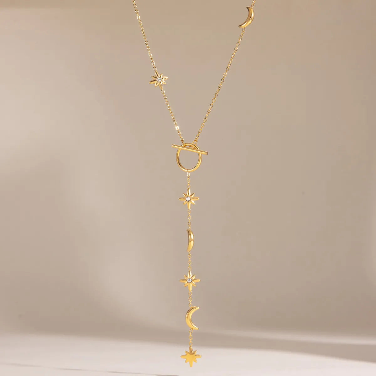 Moon & Star Toggle Lariat Y-Necklace – Waterproof 18K Gold