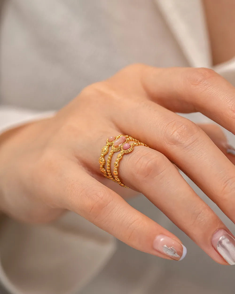 Triple Layer Pink Rhodochrosite Ring – Waterproof 18K Gold