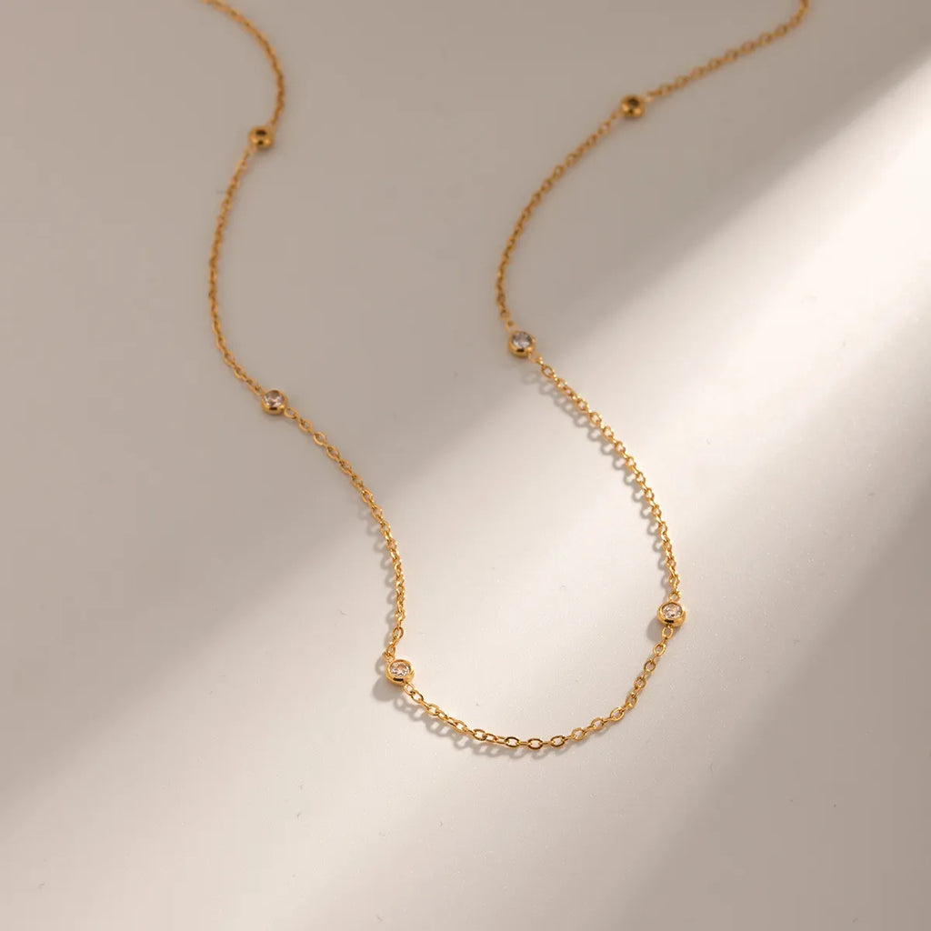 Bezel Zirconia Station Necklace – Waterproof 18K Gold