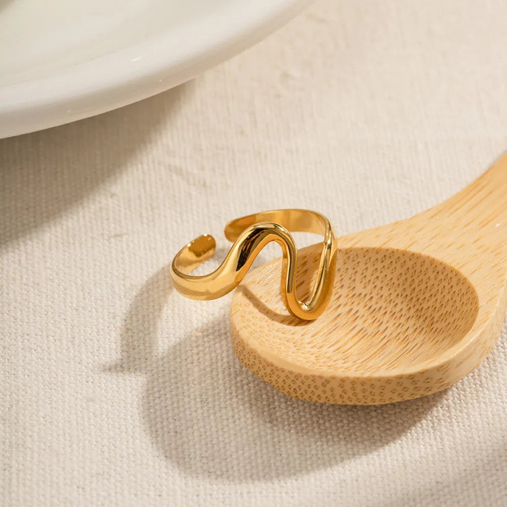 Waterproof Wavy Open Ring | Fluid Organic Gold Statement Ring